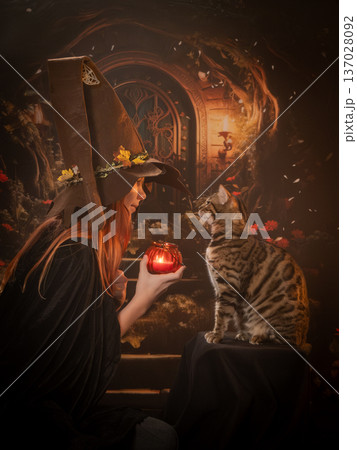 A witch and her cat are looking at the fire. Beautiful fairy-tale picture 137028092