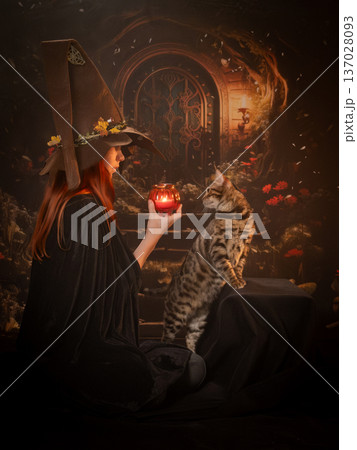 A witch and her cat are looking at the fire. Beautiful fairy-tale picture A witch and her cat are looking at the fire. Beautiful fairy-tale picture 137028093