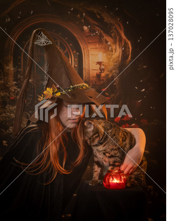 A witch and her cat are looking at the fire. Beautiful fairy-tale picture 137028095