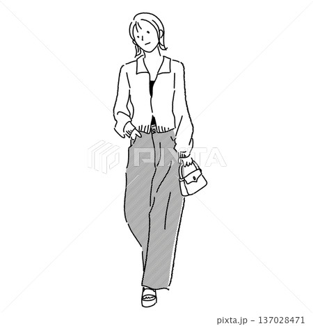 モノクロ線画 春のレディースコーデ 全身ファッションイラスト 137028471