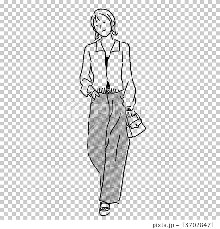 モノクロ線画 春のレディースコーデ 全身ファッションイラスト 137028471
