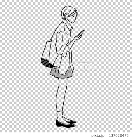 モノクロ線画 ビッグシルエットシャツの大学生春コーデ 全身イラスト モノクロ線画 ビッグシルエットシャツの大学生春コーデ 全身イラスト 137028473