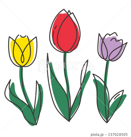 かわいいチューリップの抜け感のあるイラストセット 137028505