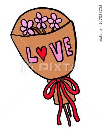 Hand drawn illustration of pink flowers bouquet with LOVE letters and red bow for Valentine's Day, florist, floral print, sticker, spring, summer, plants, tree, blossom, blooming, couple, relationship 137028752