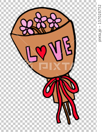 Hand drawn illustration of pink flowers bouquet with LOVE letters and red bow for Valentine's Day, florist, floral print, sticker, spring, summer, plants, tree, blossom, blooming, couple, relationship 137028752