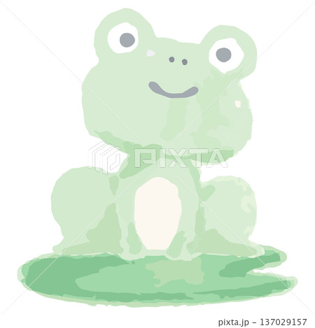 幼稚園・保育園向け 6月のやさしい水彩挿絵イラストシリーズ｜蓮の上に乗るカエル 137029157