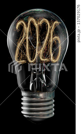 Glowing Filament Light Bulb Against Black Background, Symbol of Innovation, Ideas, Creativity, Inspiration, and Technology 137029176