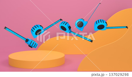 Multiple tape measures levitating in mid-air above podium, minimal style, abstract background. Concept of measurement tools 137029298