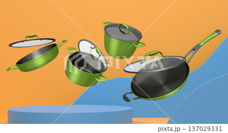 Set of kitchen cookware set with lids floating in midair, over colorfull podium and backdrop, concept of premium utensils 137029331