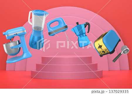Set of kitchen appliances and utensils floating in mid-air over podium and abstract background, modern cooking concepts 137029335