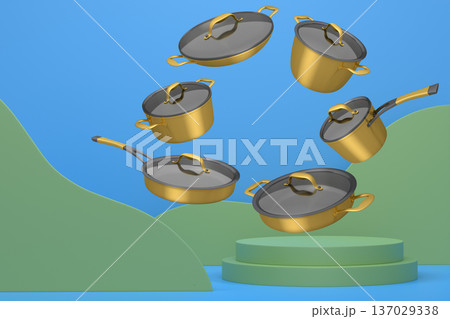 Set of kitchen cookware set with lids floating in midair, over colorfull podium and backdrop, concept of premium utensils 137029338