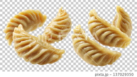 Set of Steamed Banana dumplings with intricate twisted edges, isolated on white background. Concept of Asian cuisine and food art Set of Steamed Banana dumplings with intricate twisted edges, isolated on white background. Concept of Asian cuisine and food art 137029350