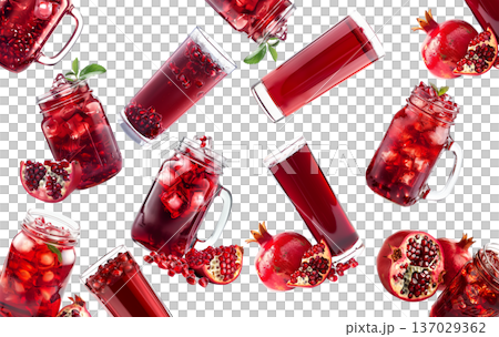Pomegranate juice jars with ice and fruits isolated on white background, concept of natural freshness Pomegranate juice jars with ice and fruits isolated on white background, concept of natural freshness 137029362