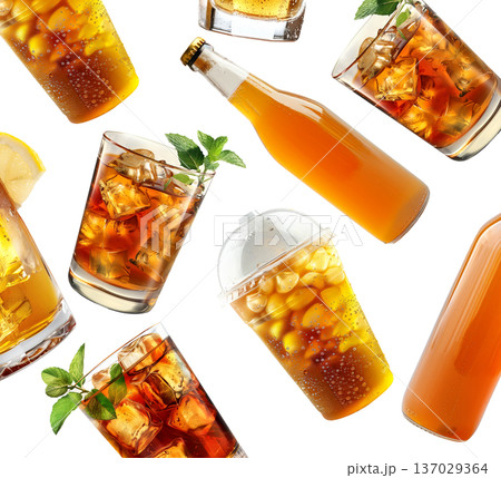 Glasses and bottles of iced tea with lemon and mint isolated on white background, concept of refreshing drink Glasses and bottles of iced tea with lemon and mint isolated on white background, concept of refreshing drink 137029364