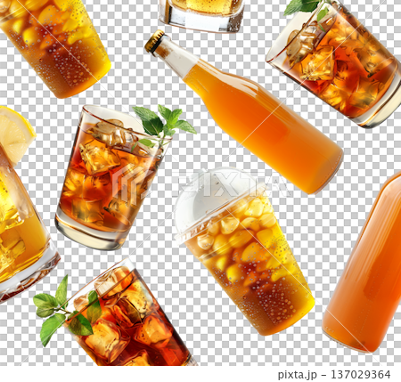 Glasses and bottles of iced tea with lemon and mint isolated on white background, concept of refreshing drink Glasses and bottles of iced tea with lemon and mint isolated on white background, concept of refreshing drink 137029364