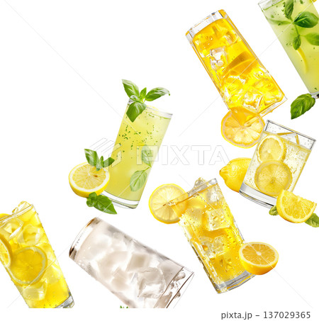 Assorted lemon beverages with herbs and ice, lemonade isolated on white background, fresh summer refreshment concept Assorted lemon beverages with herbs and ice, lemonade isolated on white background, fresh summer refreshment concept 137029365