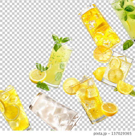 Assorted lemon beverages with herbs and ice, lemonade isolated on white background, fresh summer refreshment concept Assorted lemon beverages with herbs and ice, lemonade isolated on white background, fresh summer refreshment concept 137029365