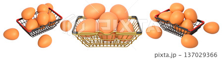 Wire baskets filled with eggs, isolated on white transparent background, concept of kitchen storage 137029366