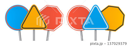 Blank traffic signs with different shapes and colors on metal poles on white background with clipping path, concept of road safety Blank traffic signs with different shapes and colors on metal poles on white background with clipping path, concept of road safety 137029379