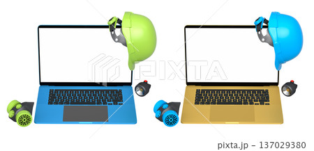 Laptops with blank screens surrounded by construction helmets, respirators and earmuffs on white background with clipping path 137029380