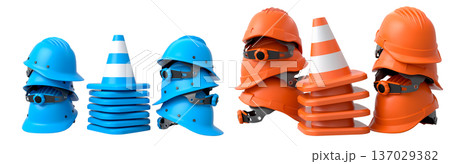 Stack of construction helmets and traffic cones isolated white background with clipping path, representing safety equipment Stack of construction helmets and traffic cones isolated white background with clipping path, representing safety equipment 137029382