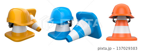 Stack of construction helmets and traffic cones isolated white background with clipping path, representing safety equipment 137029383