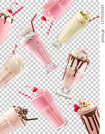 Multiple milkshakes with whipped cream shown isolated on white background, concept of sweet dessert treats 137029385