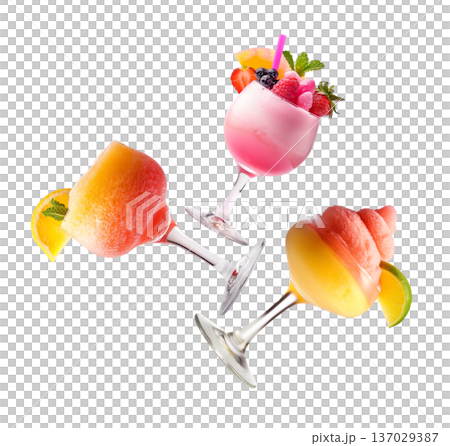 Assorted vibrant frozen beverages sherbet and ice cream isolated on white background, expressing summer refreshment concept 137029387