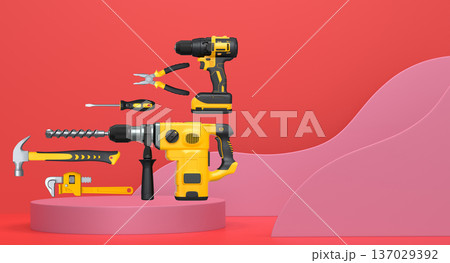 Construction tools and safety equipment floating over podium on abstract background, industrial work and protection concept Construction tools and safety equipment floating over podium on abstract background, industrial work and protection concept 137029392