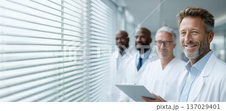 Healthcare provider connecting through digital technology in bright environment. Physician with friendly demeanor using tablet amidst blurred colleagues and soft lighting 137029401
