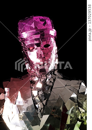 Reflective sculpture of a humanoid figure with vibrant colors in a dark setting Reflective sculpture of a humanoid figure with vibrant colors in a dark setting 137029538