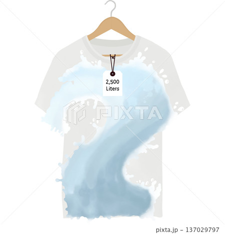 A cotton T-shirt displaying a large water splash, accompanied by a tag indicating 2,500 Liters. The artwork highlights hidden water consumption in textile production . A cotton T-shirt displaying a large water splash, accompanied by a tag indicating 2,500 Liters. The artwork highlights hidden water consumption in textile production . 137029797