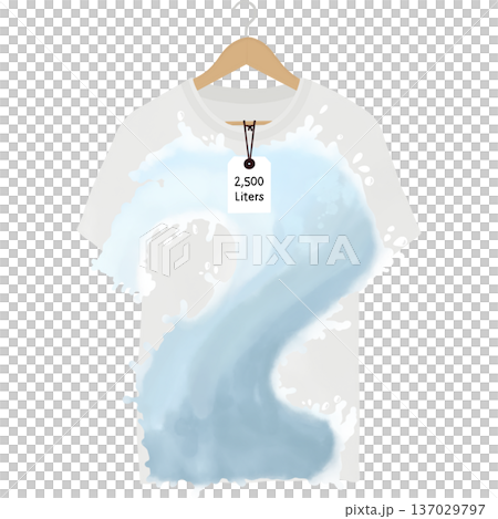 A cotton T-shirt displaying a large water splash, accompanied by a tag indicating 2,500 Liters. The artwork highlights hidden water consumption in textile production . A cotton T-shirt displaying a large water splash, accompanied by a tag indicating 2,500 Liters. The artwork highlights hidden water consumption in textile production . 137029797