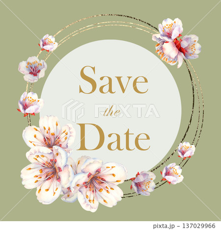 Hand painted watercolor illustration of white floral wreath with blossoms flowers. Romantic summer wedding design for save the date cards, wedding invitations, bridal shower template, event stationery 137029966