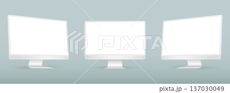 Realistic computer screen mockup. White computer display on three sides with blank screen. 137030049