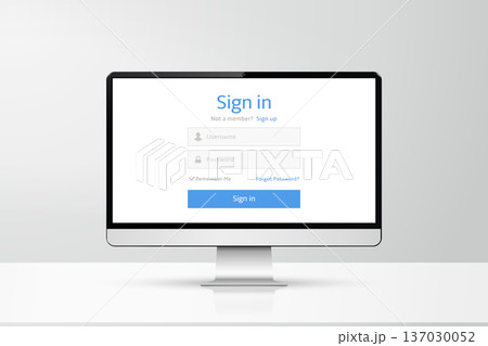 Login form on computer display. Computer monitor with login and password page. Login form on computer display. Computer monitor with login and password page. 137030052