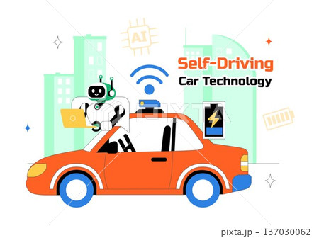 Self Driving Car Technology Vector Illustration Featuring Smart Autonomous Vehicle System And Digital Navigation In a Flat Style Background Self Driving Car Technology Vector Illustration Featuring Smart Autonomous Vehicle System And Digital Navigation In a Flat Style Background 137030062