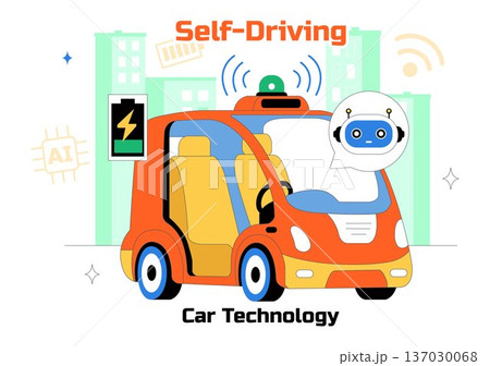 Self Driving Car Technology Vector Illustration Featuring Smart Autonomous Vehicle System And Digital Navigation In a Flat Style Background Self Driving Car Technology Vector Illustration Featuring Smart Autonomous Vehicle System And Digital Navigation In a Flat Style Background 137030068