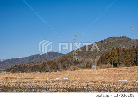 浅春の奥琵琶湖の田園風景　滋賀県長浜市永原 137030109