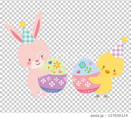イースターエッグを持ったうさぎとひよこのイラスト素材 [137030124