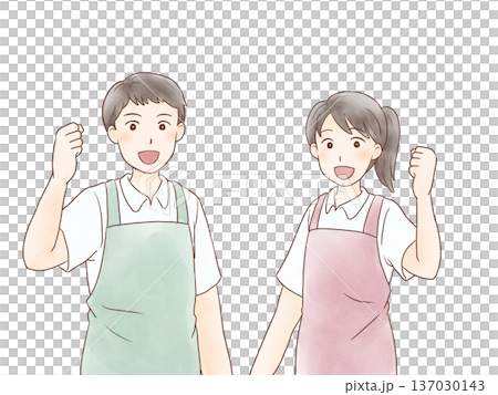 身穿圍裙、微笑、揮拳合照的男男女女,神采奕奕。 身穿圍裙、微笑、揮拳合照的男男女女,神采奕奕。 137030143