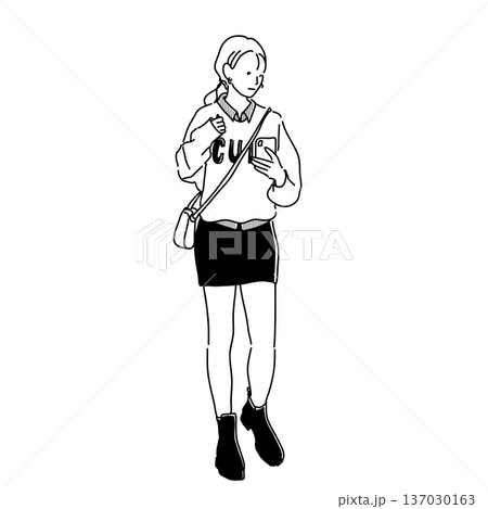 モノクロ線画 カレッジスウェットの女子大生コーデ 全身イラスト モノクロ線画 カレッジスウェットの女子大生コーデ 全身イラスト 137030163