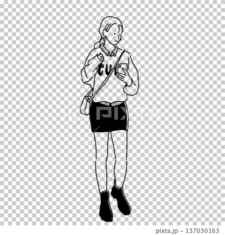 モノクロ線画 カレッジスウェットの女子大生コーデ 全身イラスト モノクロ線画 カレッジスウェットの女子大生コーデ 全身イラスト 137030163