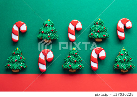 Christmas colored handmade gingerbread cookies, top view. Christmas colored handmade gingerbread cookies, top view. 137030229