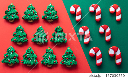 Christmas colored handmade gingerbread cookies, top view. Christmas colored handmade gingerbread cookies, top view. 137030230