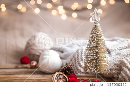 Christmas festive decor still life on wooden background 137030332