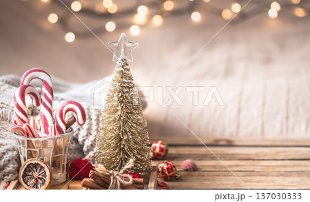 Christmas festive decor still life on wooden background 137030333