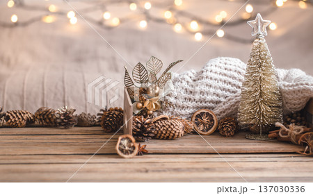 Christmas festive decor still life on wooden background Christmas festive decor still life on wooden background 137030336