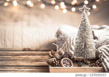 Christmas festive decor still life on wooden background Christmas festive decor still life on wooden background 137030337