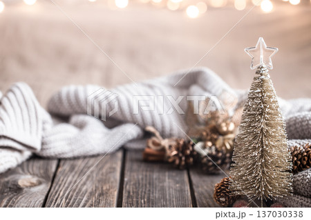 Christmas festive decor still life on wooden background Christmas festive decor still life on wooden background 137030338